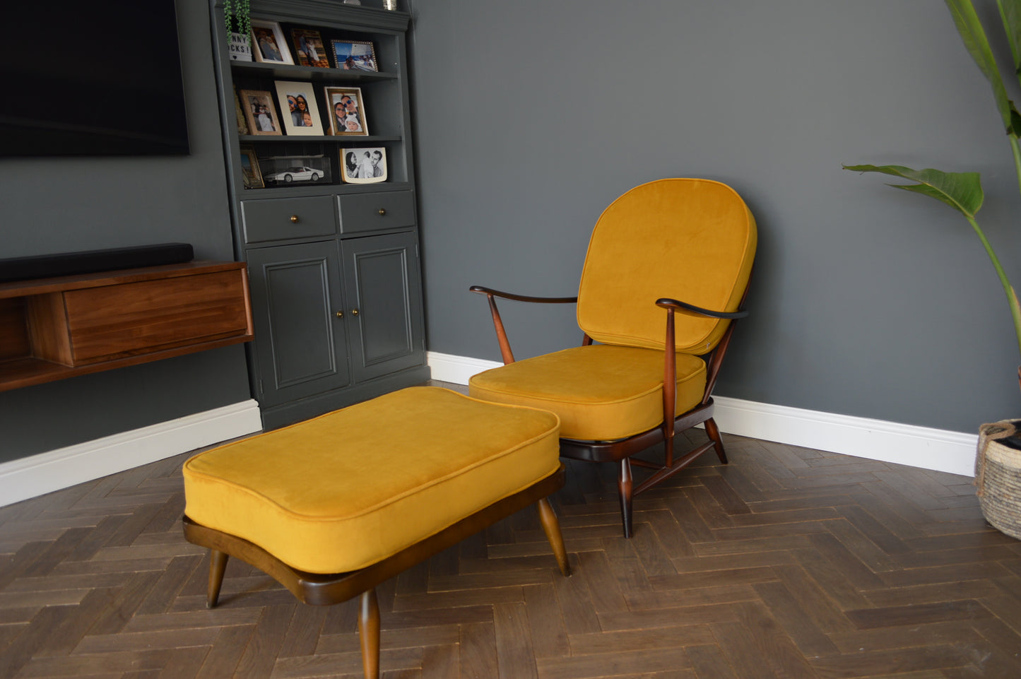 Ercol Mustard Velvet Fleur Des Lys Lounge Chair and Footstool