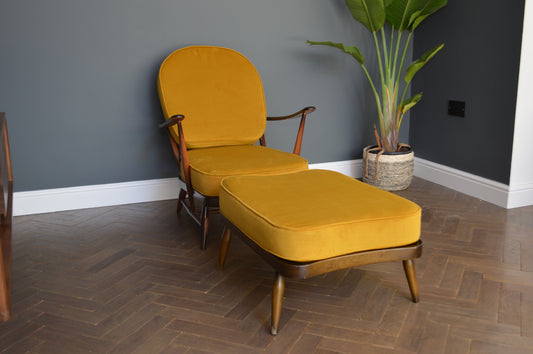 Ercol Mustard Velvet Fleur Des Lys Lounge Chair and Footstool