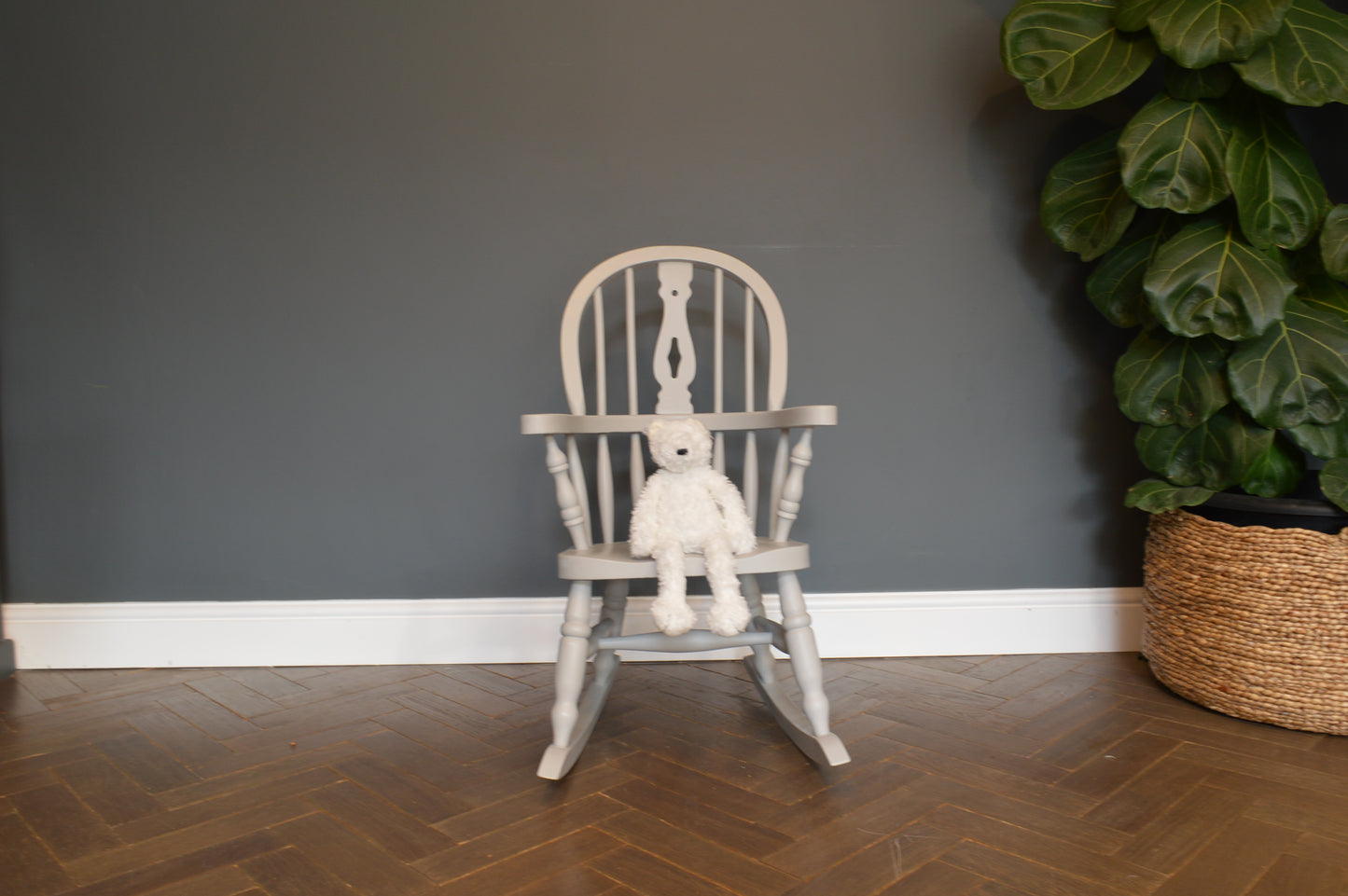 Vintage Child's Windsor Fiddle Backed Rocking chair - Light Grey