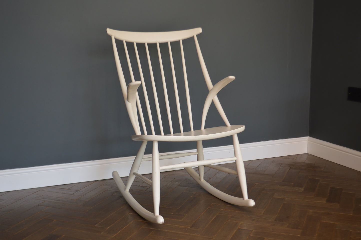Vintage Danish Rocking Chair By Illum Wikkelso In White, 1960s.