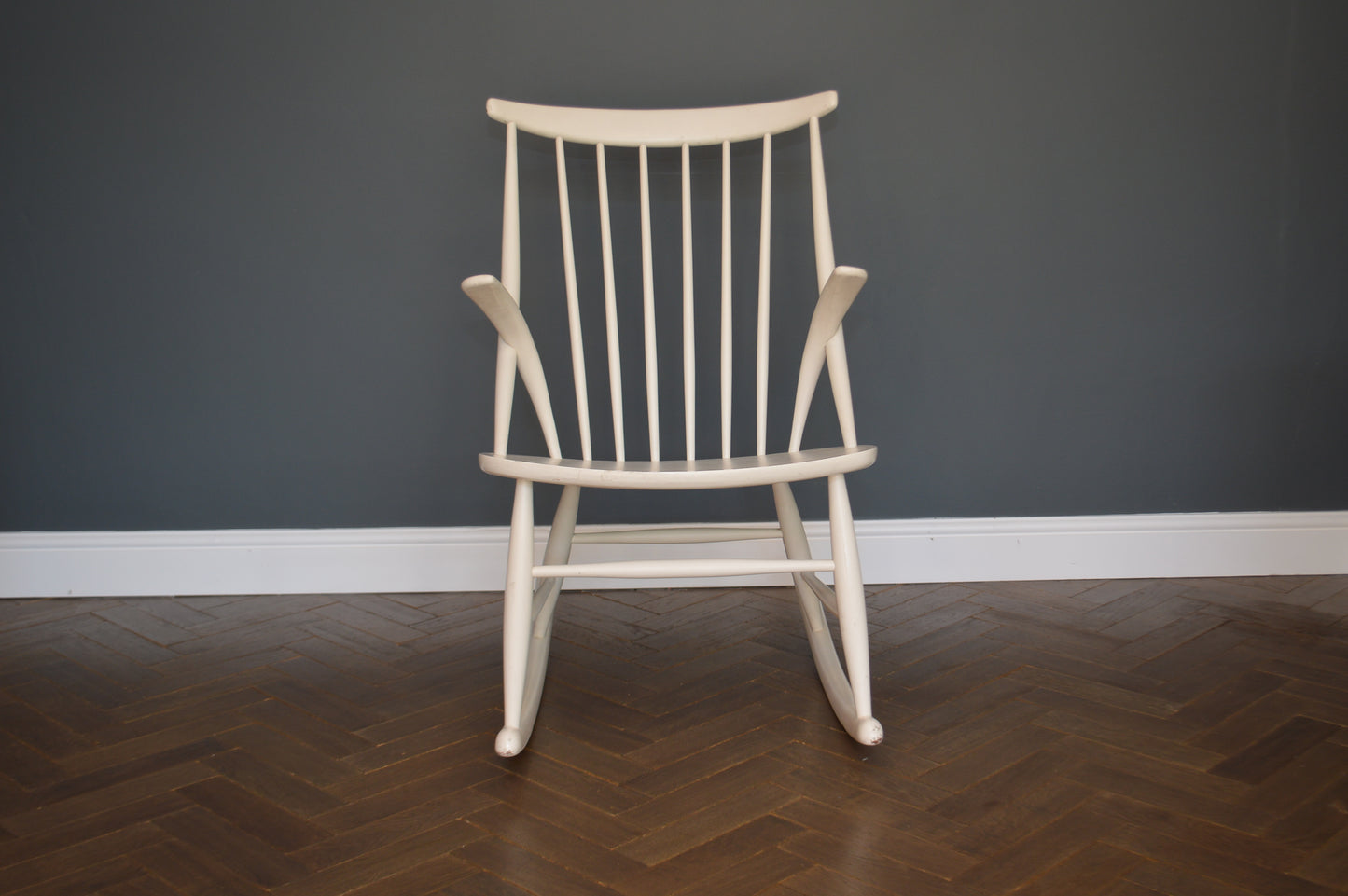 Vintage Danish Rocking Chair By Illum Wikkelso In White, 1960s.