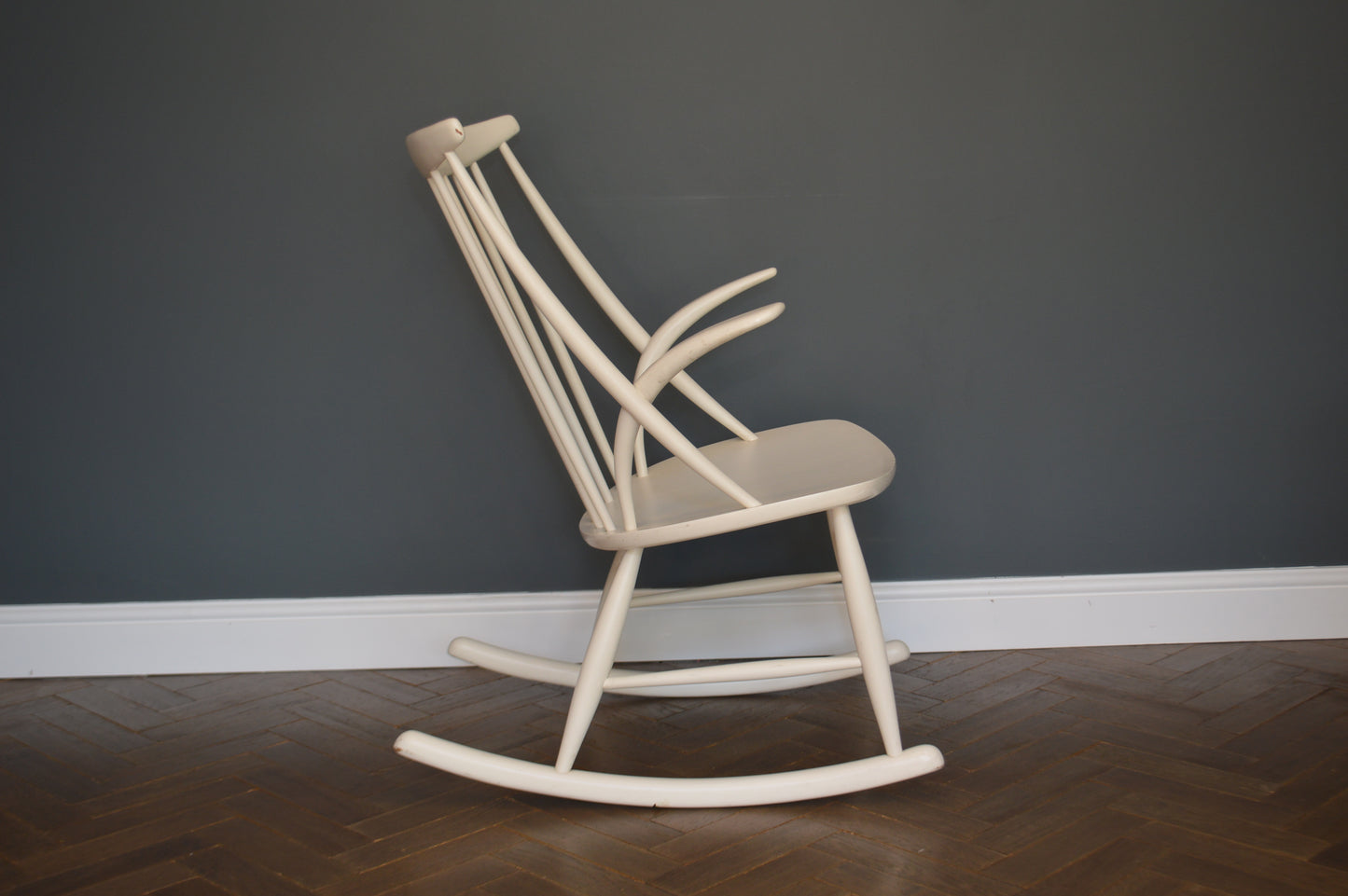 Vintage Danish Rocking Chair By Illum Wikkelso In White, 1960s.