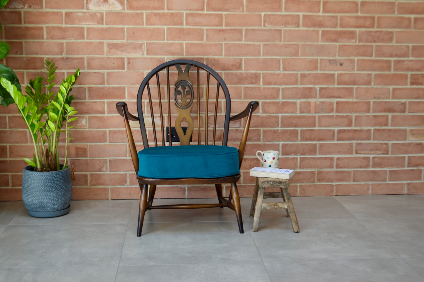 Ercol Fleur De Lys Tub Armchair with Teal Velvet cushion