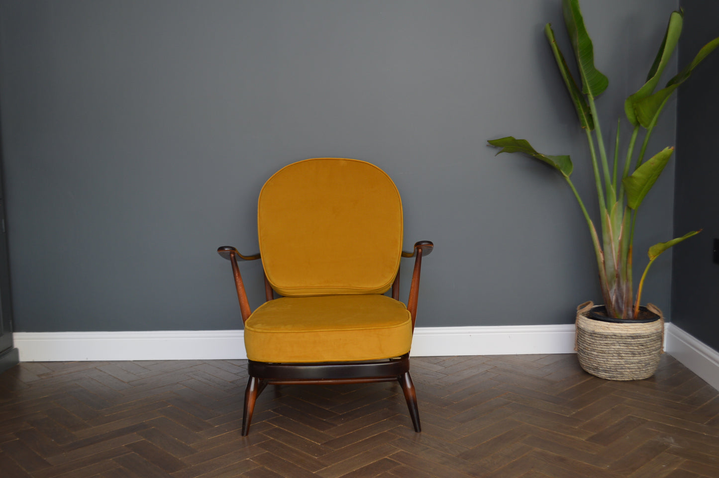 Ercol Mustard Velvet Fleur Des Lys Lounge Chair and Footstool