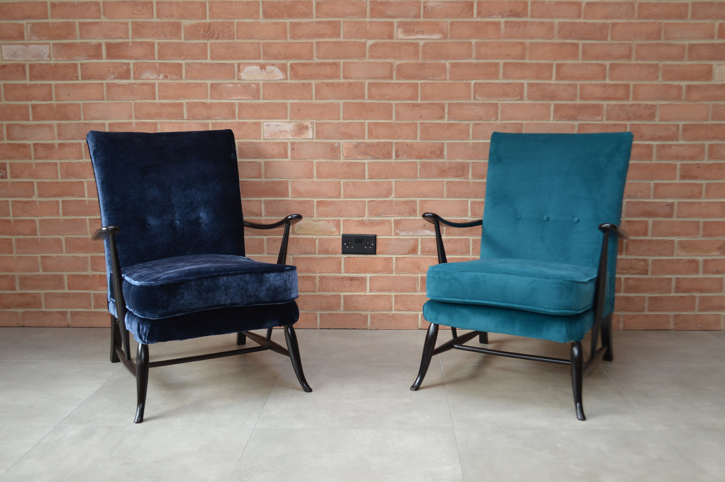 Ercol Easy Chair model 245 with Blue Velvet fabric, 1950's